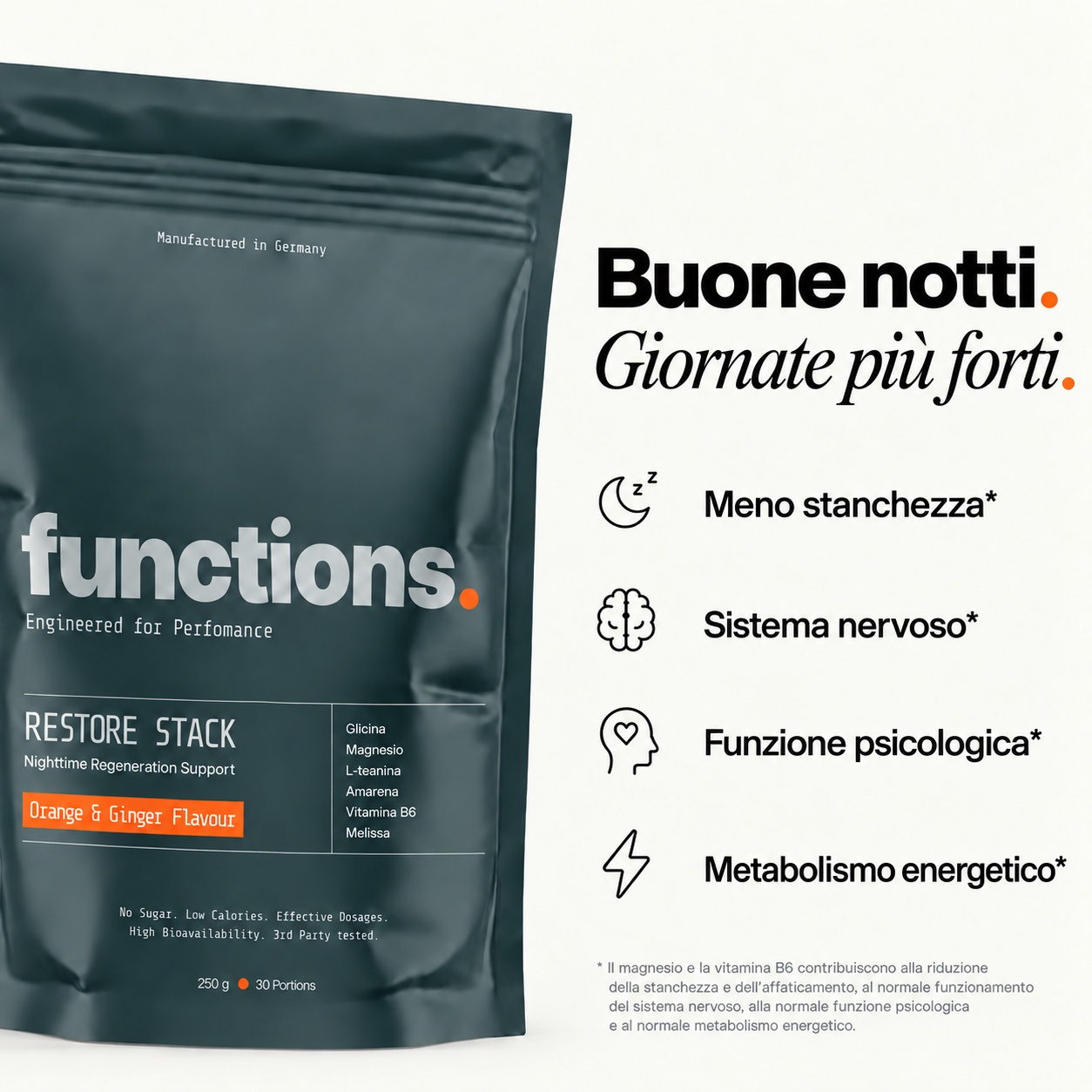 Buone notti. Giornate più forti. Magnesio e vitamina B6: stanchezza, sistema nervoso, funzione psicologica e metabolismo energetico.