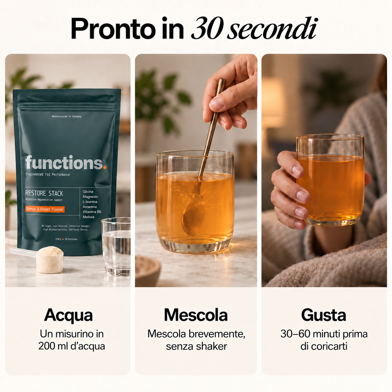 Pronto in 30 secondi: versa una porzione in acqua, mescola e bevi 30–60 minuti prima di coricarti