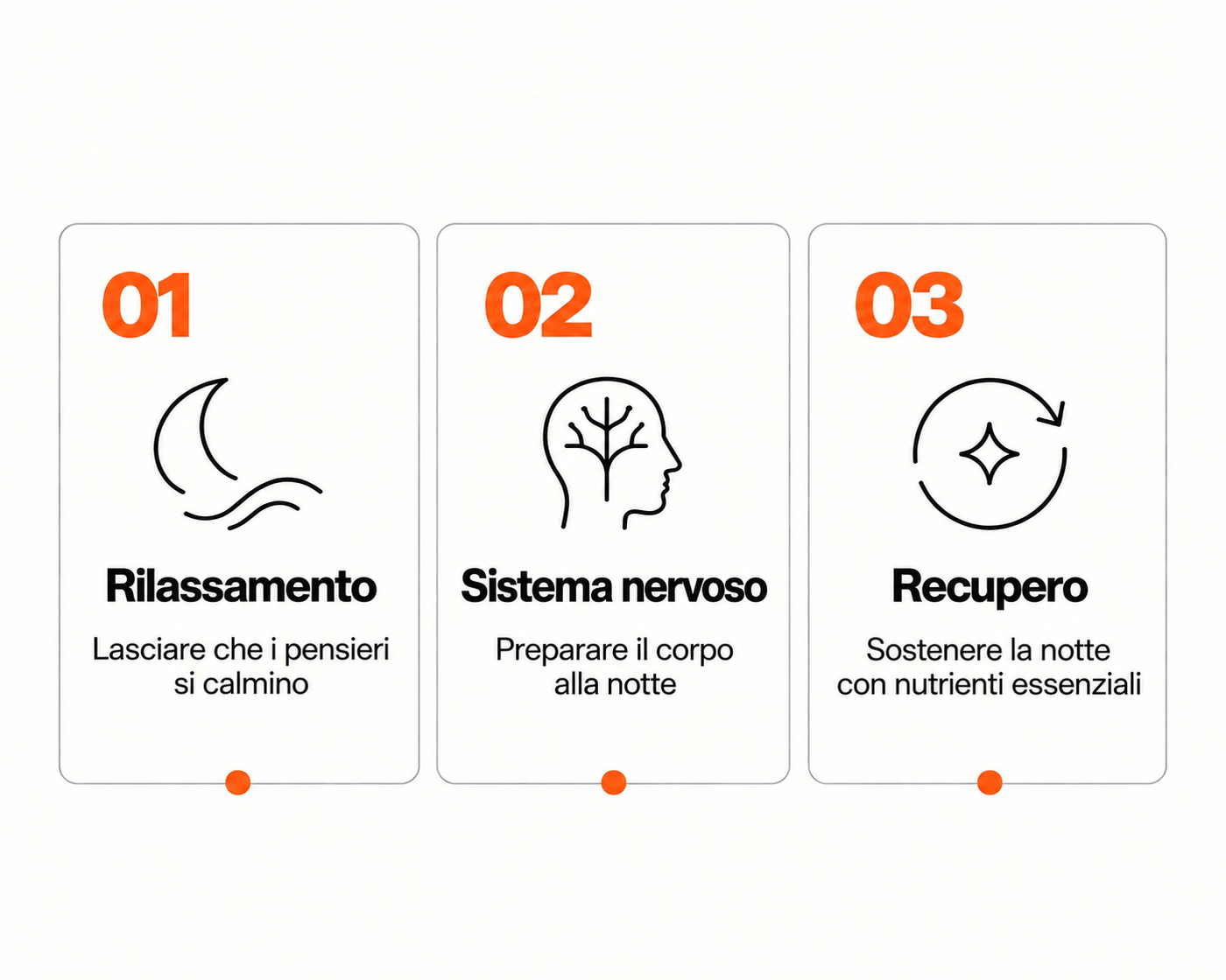Tre pilastri: rilassamento, sistema nervoso e recupero. Lasciare che i pensieri si calmino, preparare il corpo alla notte e sostenere la notte con nutrienti essenziali.